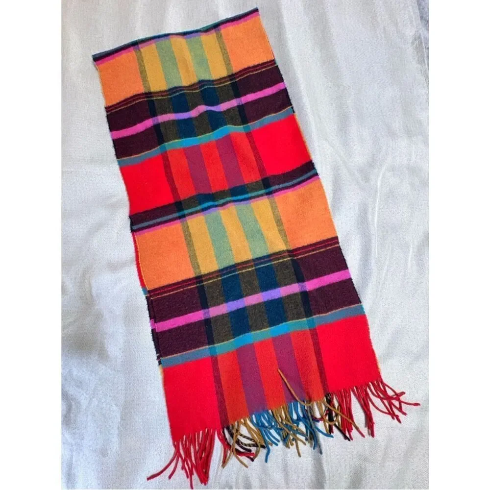 Bright Plaid Fringe Scarf Multicolor Tartan 15”x64”